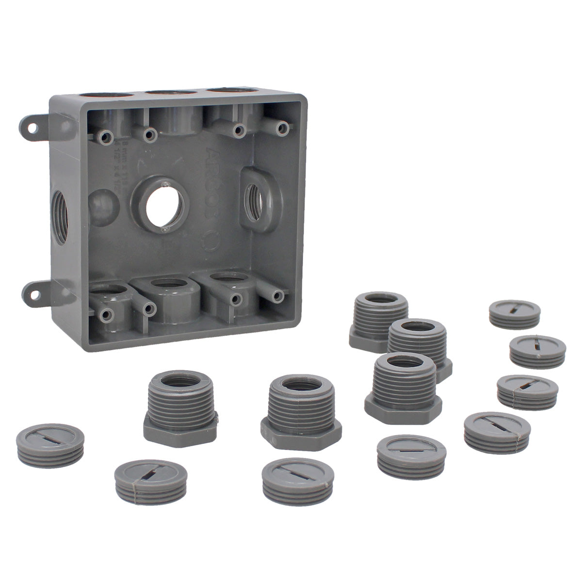 Caja cuadrada no metálica gris 9 orificios roscados de 1/2" o 3/4" CAPC719G ARGOS