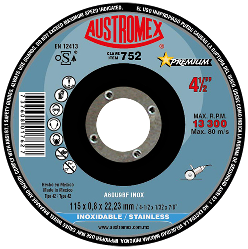 Disco para corte de acero inoxidable 4-1/2 Pulg 752 Austromex
