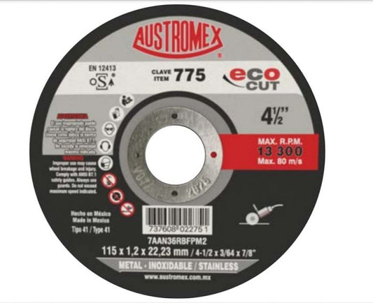 Disco abrasivo para corte de acero al carbón, inoxidable y metales 775 4 1/2" Austromex