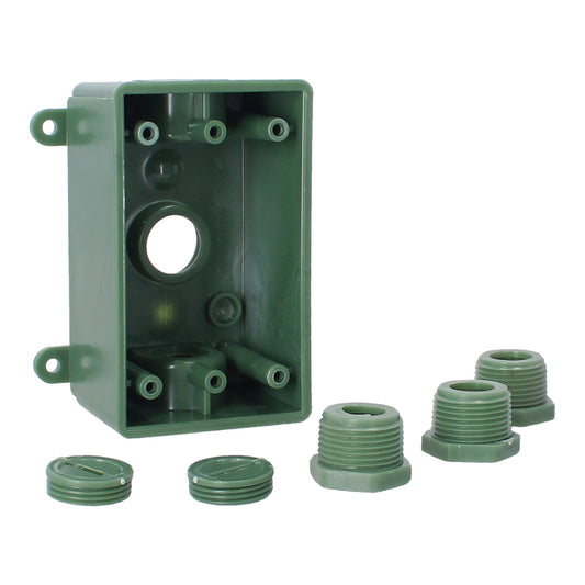 Caja rectangular no metálica verde 3 orificios roscados 1/2" o 3/4" CAPR719V ARGOS