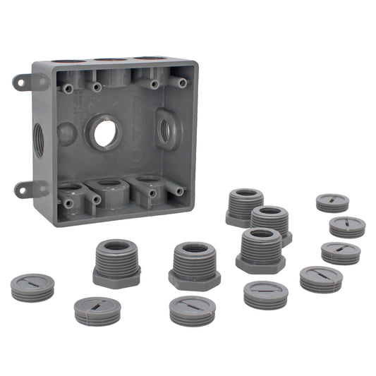 Caja cuadrada no metálica gris 9 orificios roscados de 1/2" o 3/4" CAPC719G ARGOS