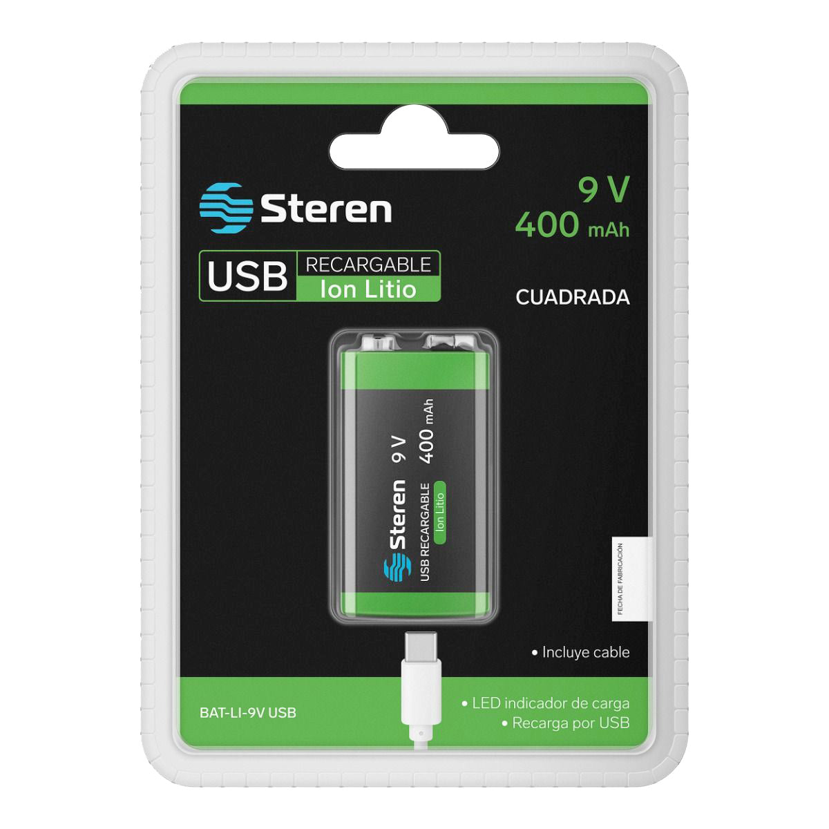 Batería cuadrada recargable USB Li-Ion tipo 9V de 3600 mWh BAT-LI-9V USB Steren