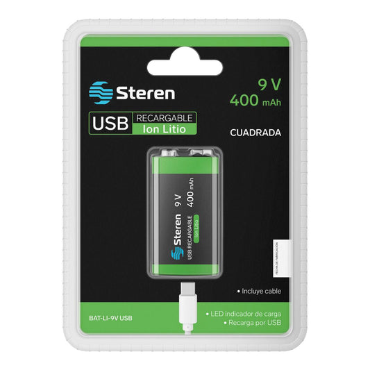 Batería cuadrada recargable USB Li-Ion tipo 9V de 3600 mWh BAT-LI-9V USB Steren